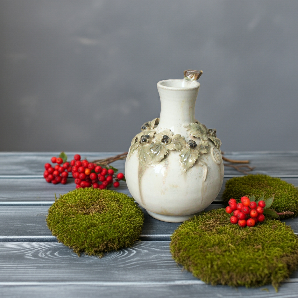 "Uccellino e rovi" vaso a bottiglia in gres color avorio