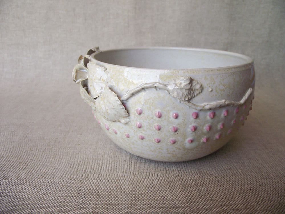 Ciotola bianco granito con rose e puntini rosa- gres -