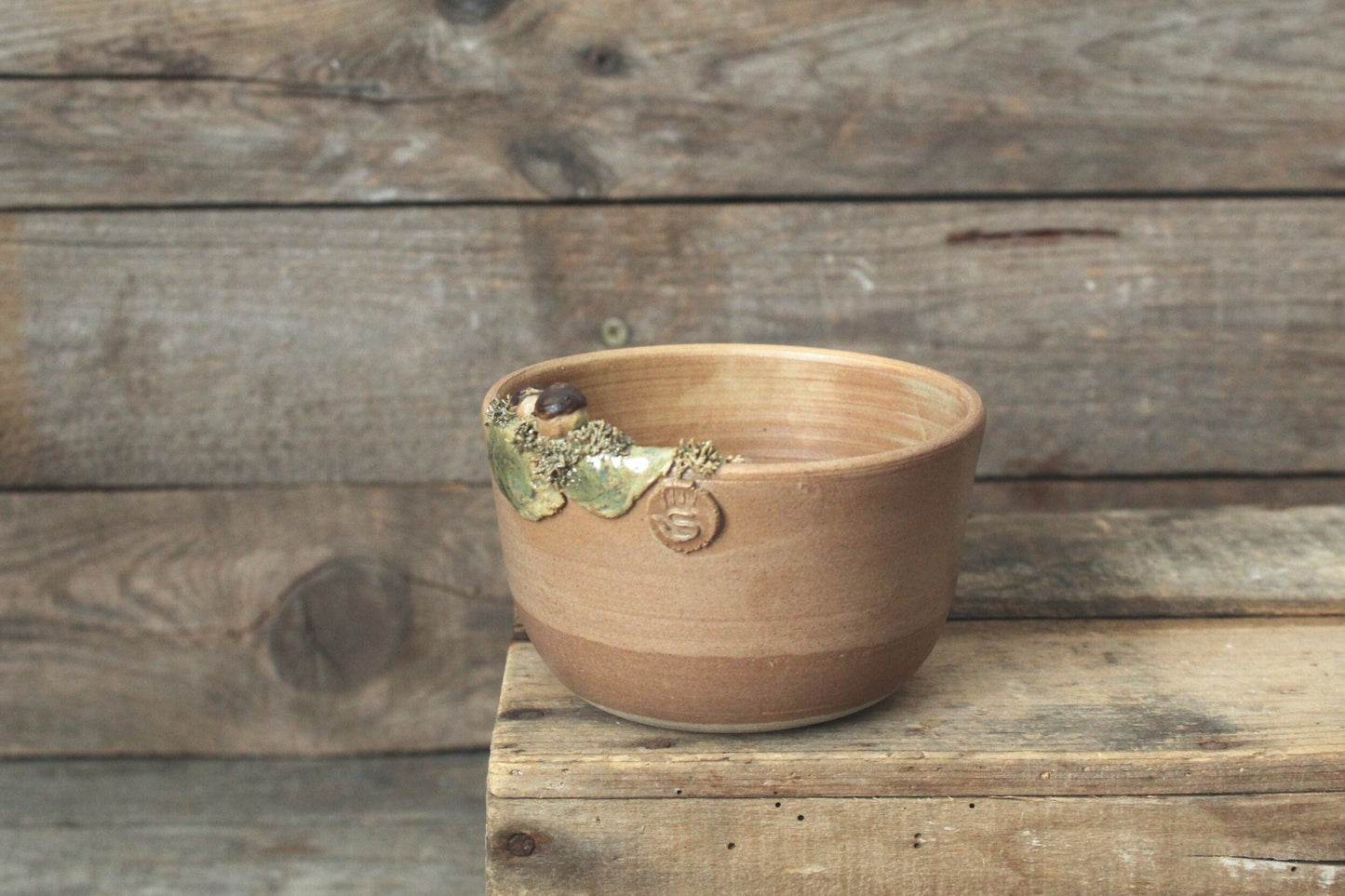 Ciotola in gres decorata con funghi porcini e muschio