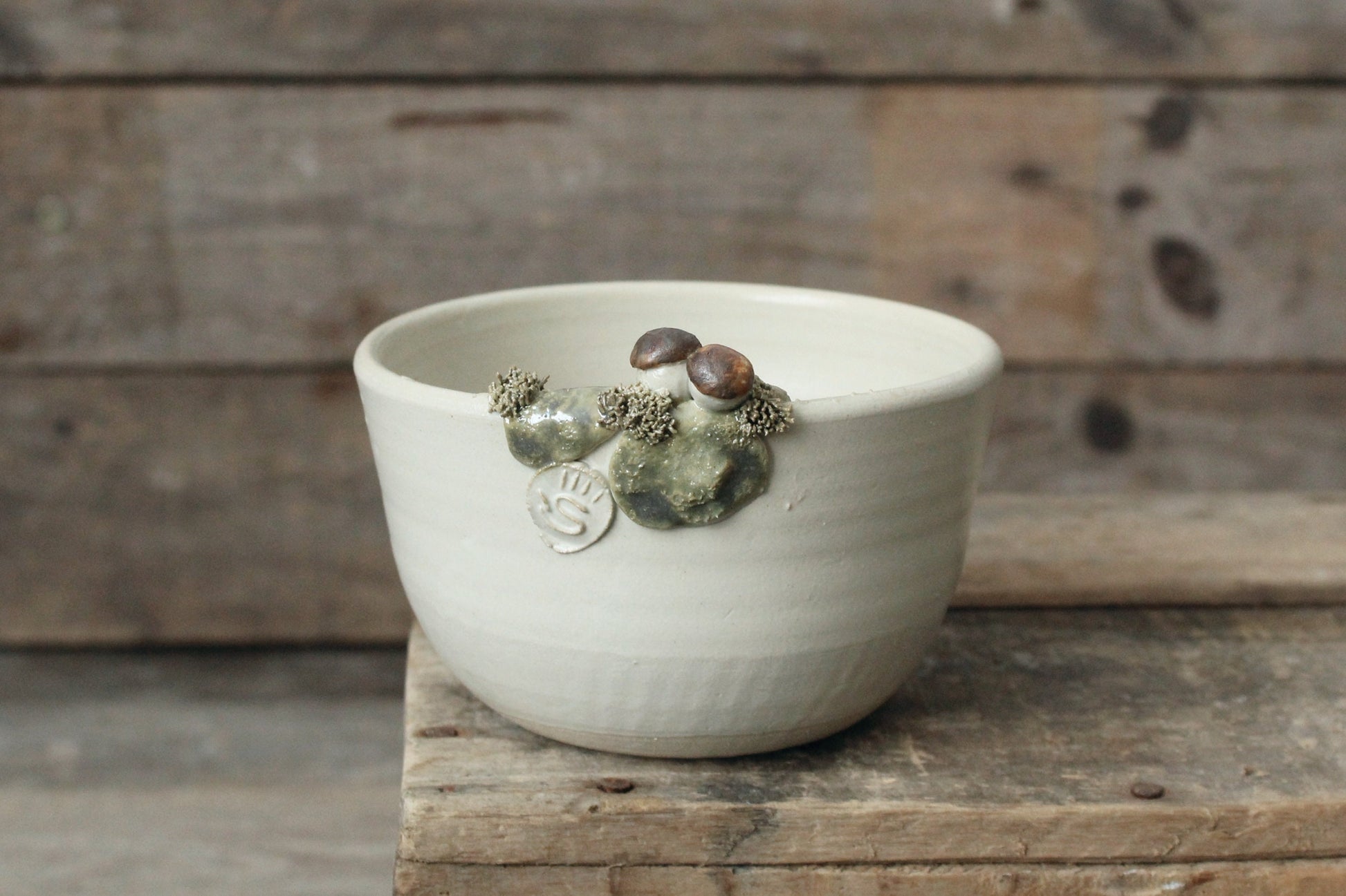 Ciotola in gres decorata con funghi porcini e muschio