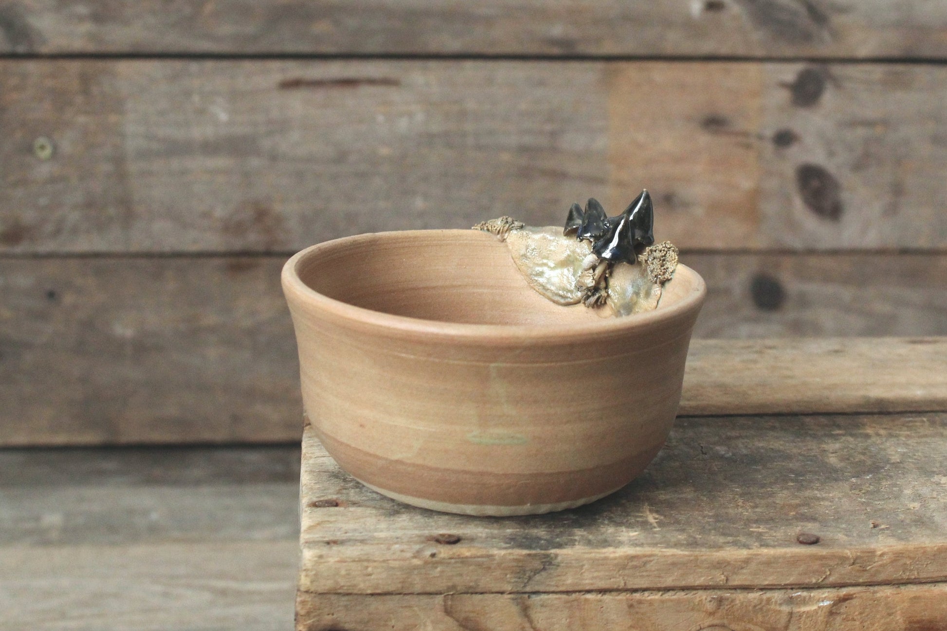 Ciotola in gres decorata con funghetti blu e muschio