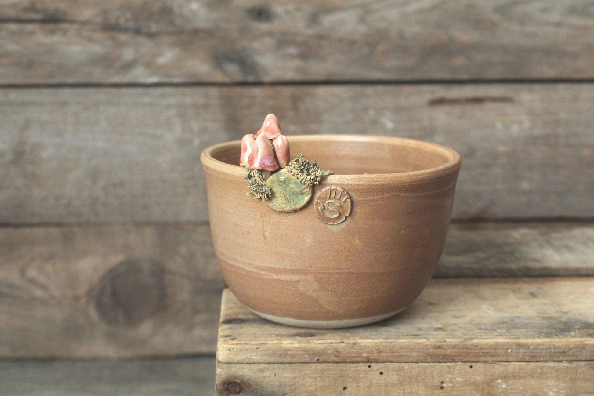 ciotola funghetti rosa e smalto scuro