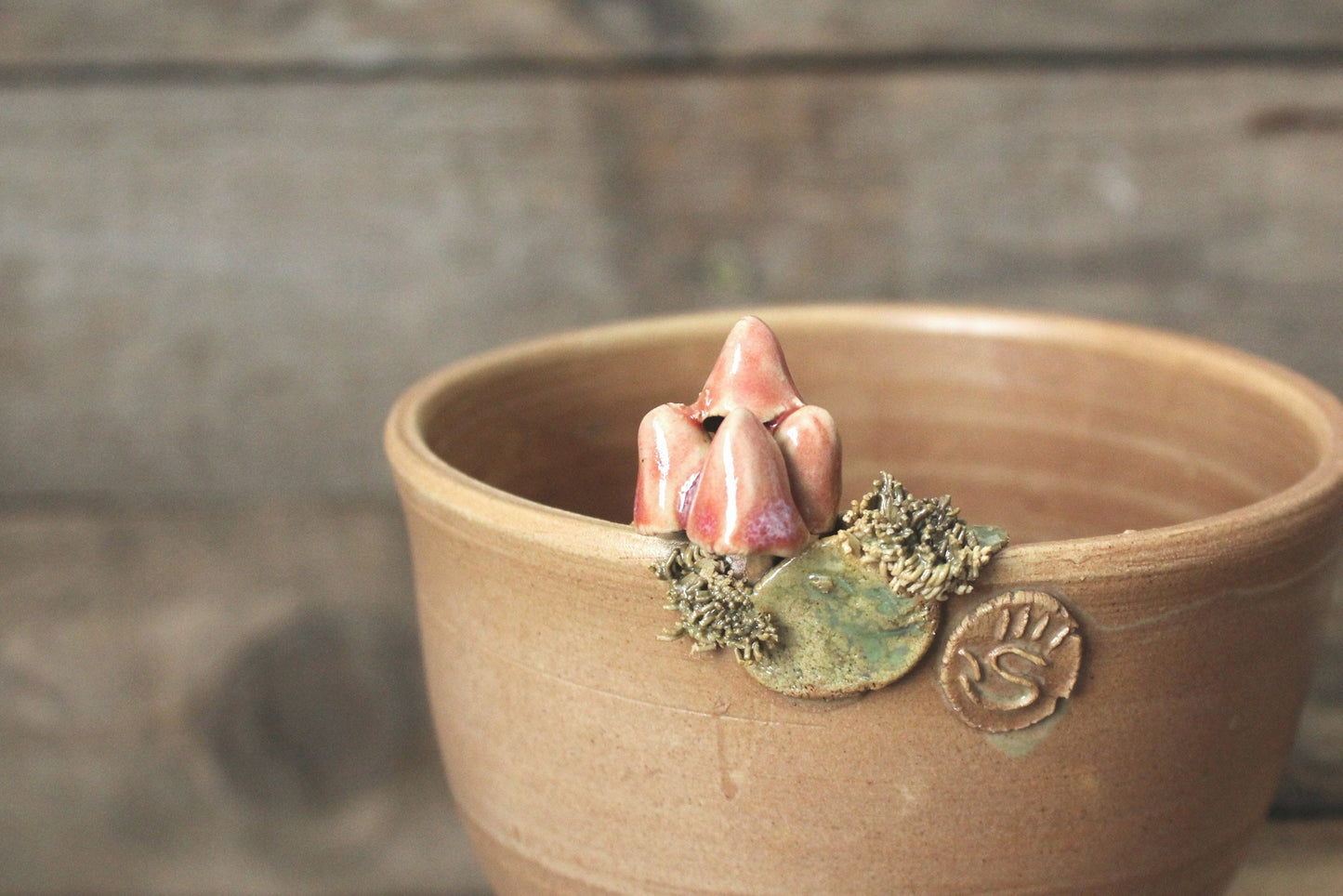 ciotola funghetti rosa e smalto scuro