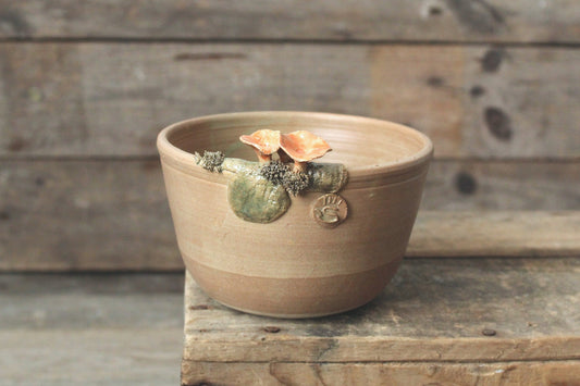 ciotola con cantharellus e muschio smalto scuro