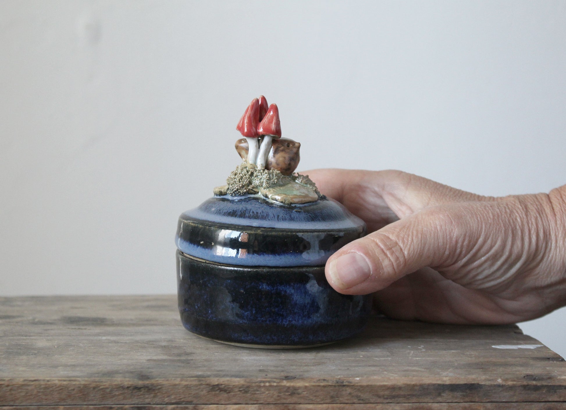 Scatola portagioie blu in gres con uccellino e funghetti rossi