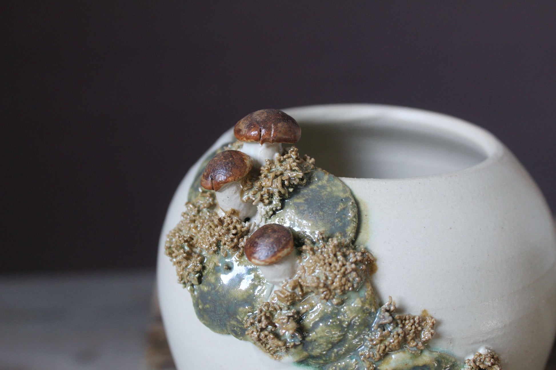 vaso in gres bianco con decorazione di boletus e muschio