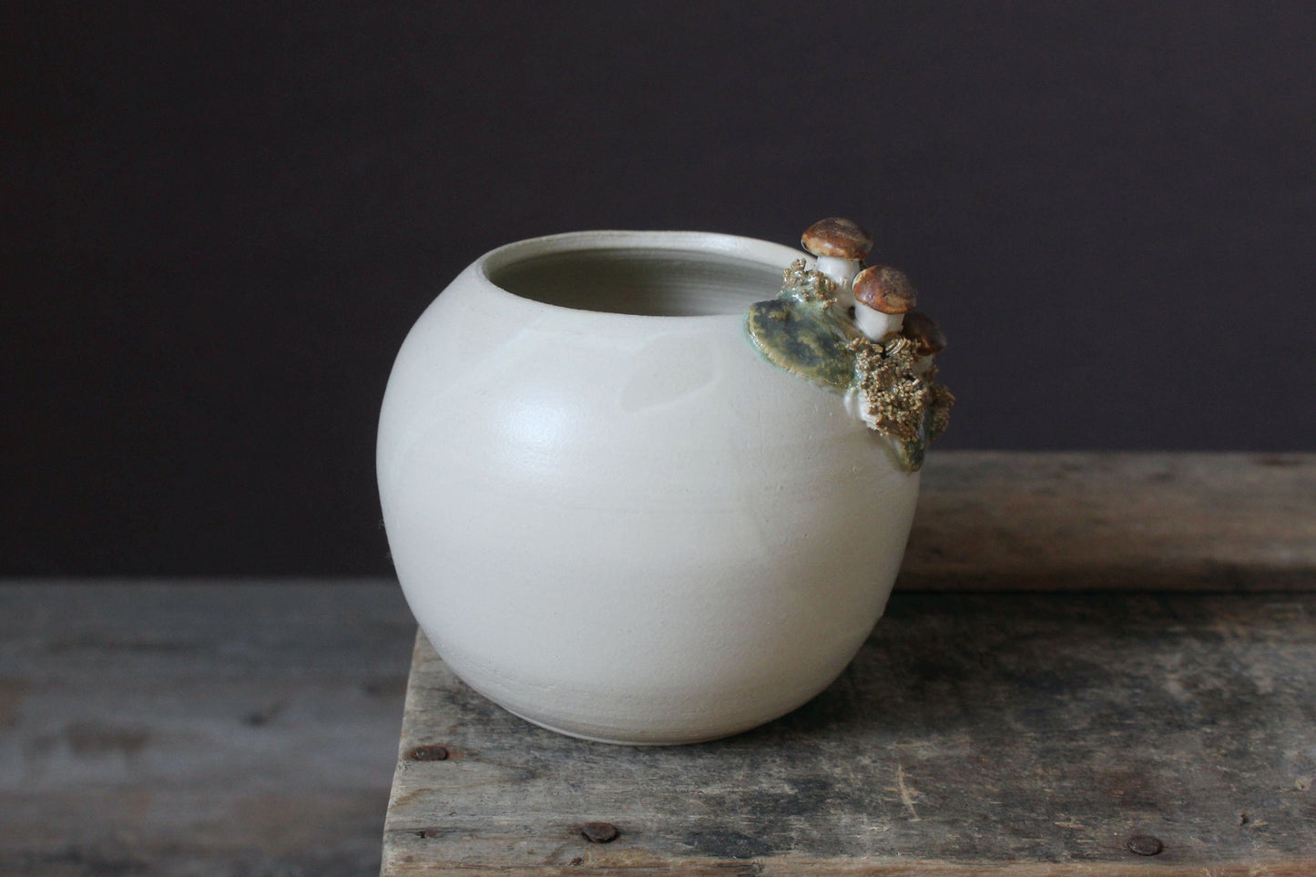 vaso in gres bianco con decorazione di boletus e muschio