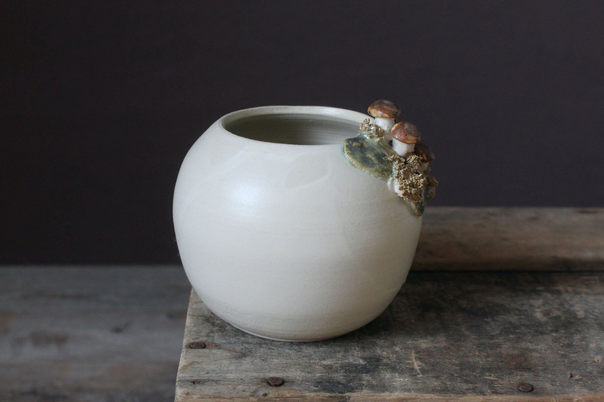 vaso in gres bianco con decorazione di boletus e muschio